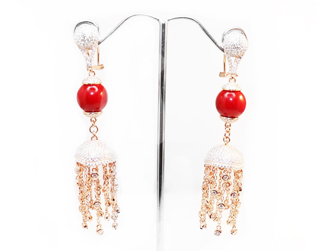Creation Diamond/ Red Coral Chandelier Earrings 18 R/G: Gem Type: Creation Diamond/ Red Coral Item: Earrings/Length: 3 inches, Width: 15mm White Stone: 3.57 Carat round brilliant Clarity: VS1 Color: G Red Coral, Size: 12mm, Luster: Excellent, Color: Orange