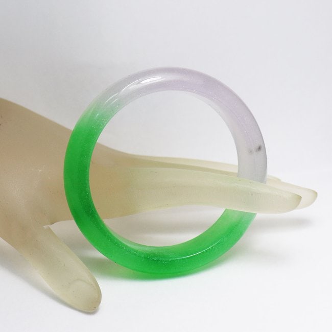 Natural Translucent Solid Green/Light Violet Chinese Ja: Gem Type: Natural Translucent Solid Chinese Jade Grade: B Item: Jade Bangle, Size 6.25 Outer Diameter: 68 mm Inter Diameter: 55 mm Width: 13.7 Thickness: 8.4 mm Weight 48.05 grams Treated: Untreated