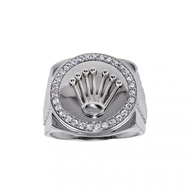 Man's Ring Crown Ring 18k W/G Overlay 925: Gem Type: Creation Diamond Stone Weight: 1.24 Carat Round Brilliant Clarity: VS1, Color: F Metal: 18k white/Back gold overly 925 Weight: 8.9 grams Size: 9 Polished: Excellent Face Diameter: 1. Inch