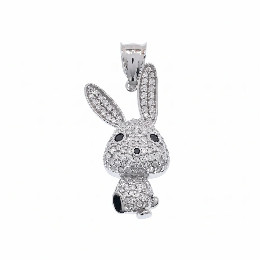 Rhodium Plated 925 Sterling Silver Moissanite Whimsical Rabbit Pendant: Finish: Nickel-Free Rhodium PlatedMetal: 925 Sterling SilverStone: Moissanite StonesDimensions: Small: 28.5mm x 13mmBail Size: 2.5mmCondition: NewPlease Note: Pendant only; chain not included.Add a to