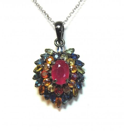 Natural Gems Multicolor Pendant 3.35 Carat 18k W/g Overlay: Gems Type: Natural Multi-Color Sapphire Item: Pendant Sapphire center: 8x6mm Weight: 2.01 carat Oval Shaped Small Stone: 1.34 Carat Round/Marques Shaped Clarity: Transparent Color: Multi-Color Treatme