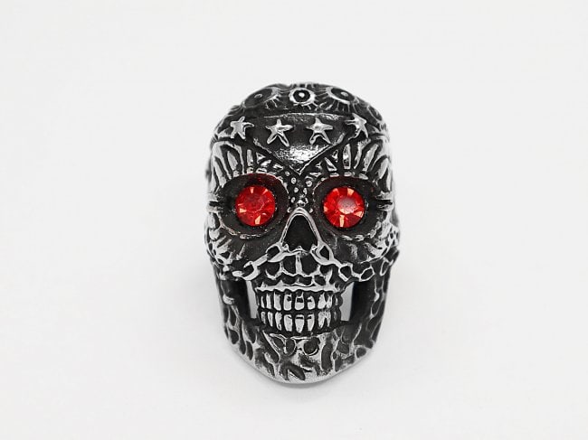 Man's Stainless: Gem Type: Creation Ruby Quality: 1 Stone: 2.10 CT Clarity: VS1, Color: Red Shape/Cut: Round Facet Cut Size10 Weight: 37 grams Width Band: 7, Thickness: 2 mm Face Measurement: 40mm X 26