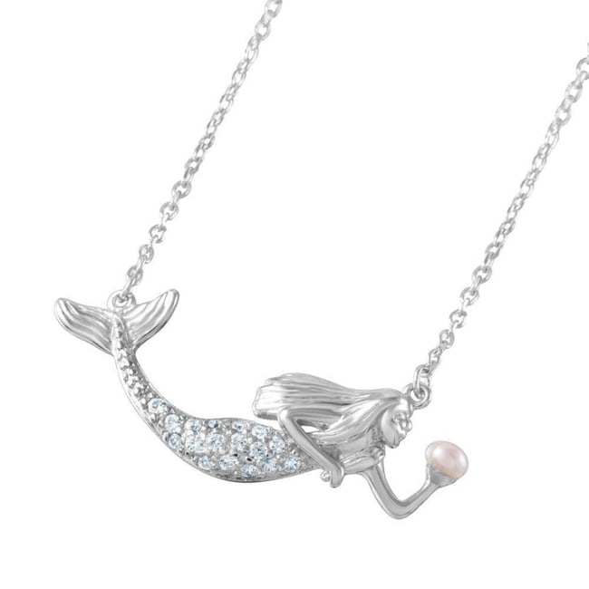 Creation, Diamond Mermaid Necklace 18k W/G Overlay: Pearl: size 2-3mm Clarity: VS1, Color: F, Shaped: Round Brilliant : Mermaid Necklace Length: 16-18 inches Adjustable Pendant Dimensions: 23 mm x15 mmMetal:18k white gold overlay 925 Sterling Silver Po