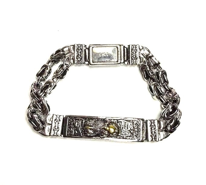 Men Bracelet Brass Overlay 925 Silver Six-character Mantra Personality: Item: Bracelet Weight: 50.95 grams Material: Brass Overlay 925 Sterling Silver Length: 8” Width: 11 mm Thickness: 4 mm Lock: Hidden Style: Occasion Condition: New