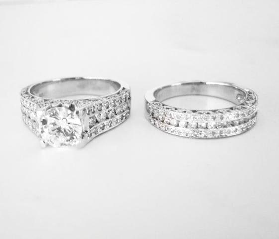 Diamond Wedding Ring 3.65Ct 14k White Gold Sz-7: Gem type: Natural Diamond Center: 1.57 carat Round (Clarity:SI1, Color:G,Treatment: Enchanted) Mounting: 2.08 carat Round Brilliant(Clarity: SI1,Color: G,Treatment:None Material Type: 14k white gold ,