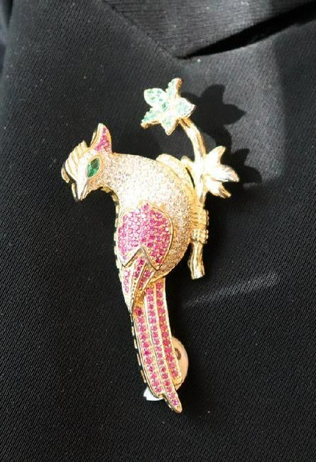 Bird Brooch 18k Yellow Gold Overlay 925: Gem: Creation, Yellow Fancy and Ruby/Emerald Stones Total Weight: Approximately 5.01 Carat Shape: Round/Marquise Yellow Stone: Clarity: VS1, Color: F Ruby: Clarity: Fine Item: Brid Brooch Design: Bird