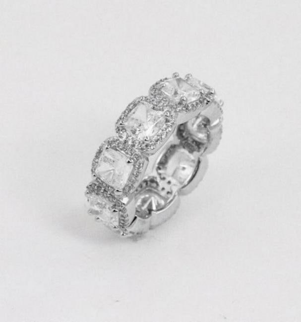 Eternity Ring Creation/Diamond 18k W/G Overlay: Item: Eternity Ring, Size 6 White Stone: Approx. 11.02 Carat cushion cut and round Clarity: VS1 Color: F Metal: 18k White gold overlay 925 Silver Width: 7.20 mm This item was handmade