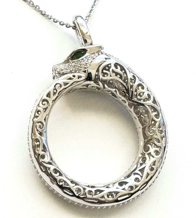 Pendant Creation Dia& Green Garnet 5.98Ct 18k W/g Overlay: Creation Diamond & Green Garnet High Quality Item Item: Pendant Measurement: L 1.1/2" x W 1.1/2" inch Weight: 5.88 Carat Round Brilliant Clarity: VVS, Color: F 2 Pieces Green Garnet:.10 Carat Round
