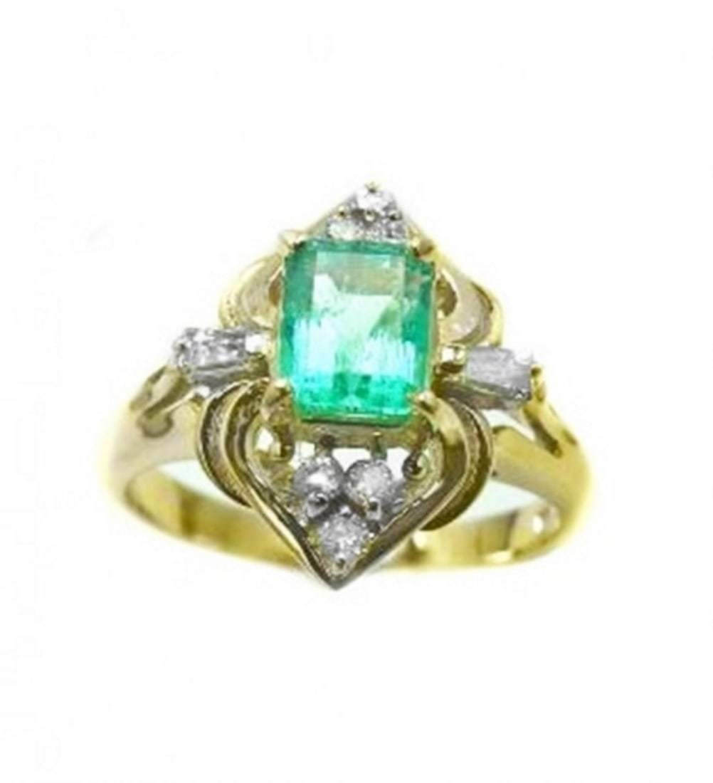 Emerald Ring .79 Ct Diamond .23 Ct 14k Y/g: Gem Type: Natural Emerald/Diamond Qty: 1 Condition: New Item: Ring (Size: 6.5) Band thickness: 2-3mm Condition: New Diamond: .23 carat round /baguette Clarity: SI2, Color: H, Treatment: None Emerald: