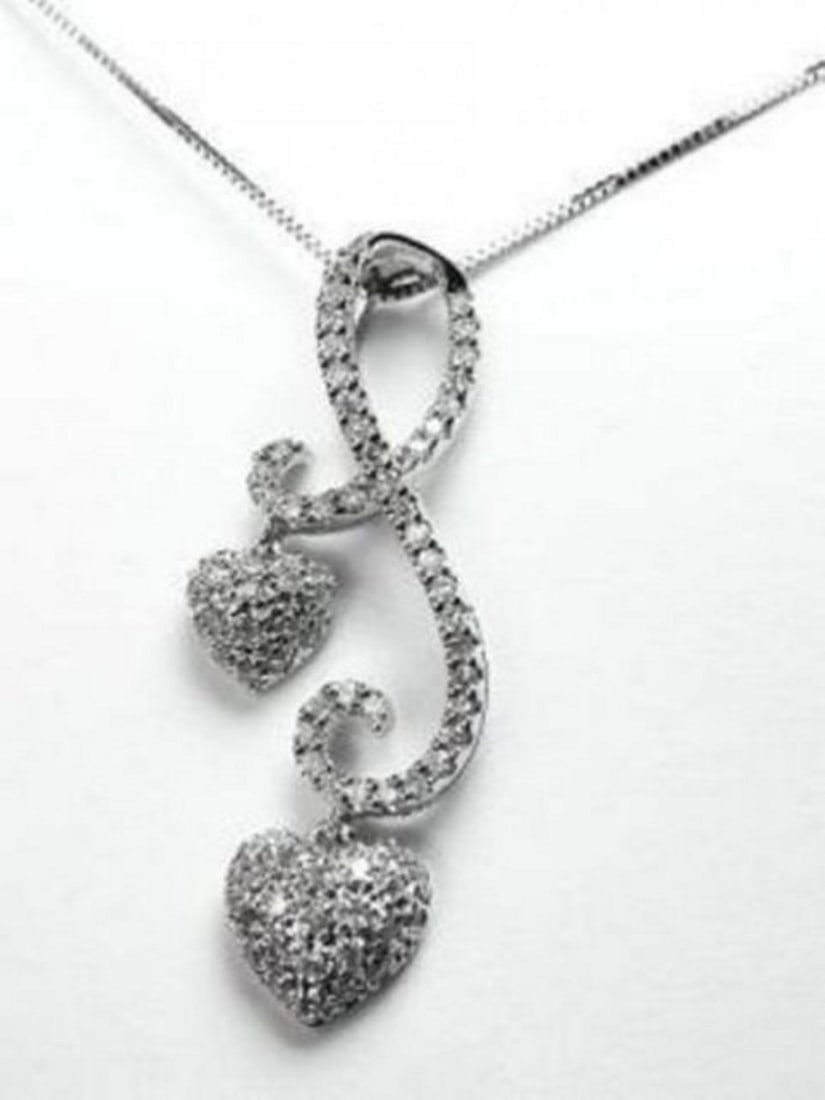 Double Heart Diamond Pendant .85Ct 18K White Gold: Gem Type: Natural Diamond Item: Pendant Diamond: .85 carat round brilliant Clarity: SI1 Color: H Treatment: None Gold: 18k white gold weight: 5.05grams Length: 1.3/4 Style: Very unique (each heart is
