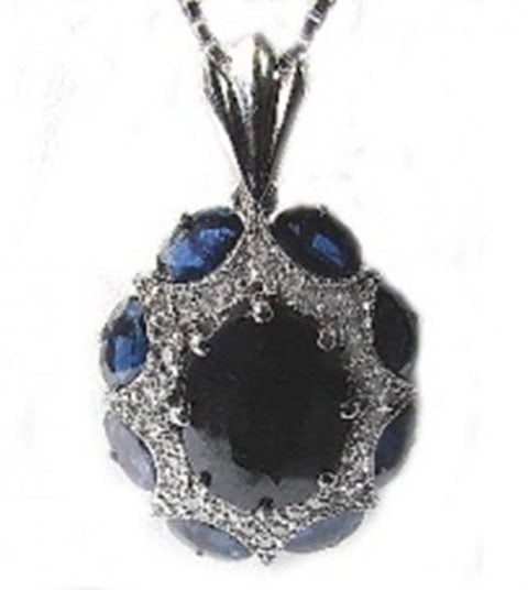 Blue Sapphire Pendant 14.00Ct Dia:1.00Ct 14k W/g: Gem Type: Natural Blue Sapphire and Diamond Qty: 1 Condition: New Item: Pendant (Size: 1.5") Total diamond weight: 1.00 rounds brilliant Clarity: SI3, Color: H Sapphire total weight: 14.00 carat oval 