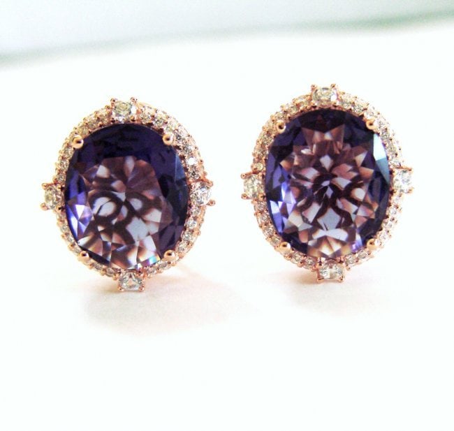 Creation Amethyst Diamon-Earring13.68Ct 18k R/g Overlay: Creation Amethyst Diamond High Quality Item: Earrings 2 Center Weight:11.50 Carat Oval Facet Clarity: VS-Color: Violet Measurement:12x10 mm 120 Pieces Creation Diamond Weight:2.18 Carat Round Brilliat