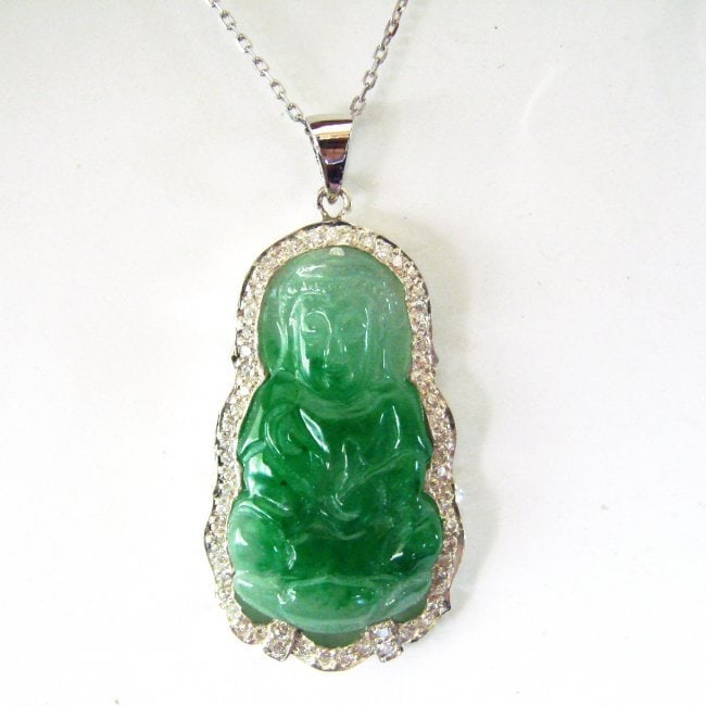 Diamond /Guanyin Jade Pendant Grade A 1.24Ct 14k W/g: Gems: Natural Diamond and Jade Item Pendant Measurement: H 1.75" x W .75" x Thickness .25" inch 62 Pieces Diamonds Round Brilliant Weight: 1.24 Carat Clarity: SI1 , Color: G , Treatment: None Jade Wei