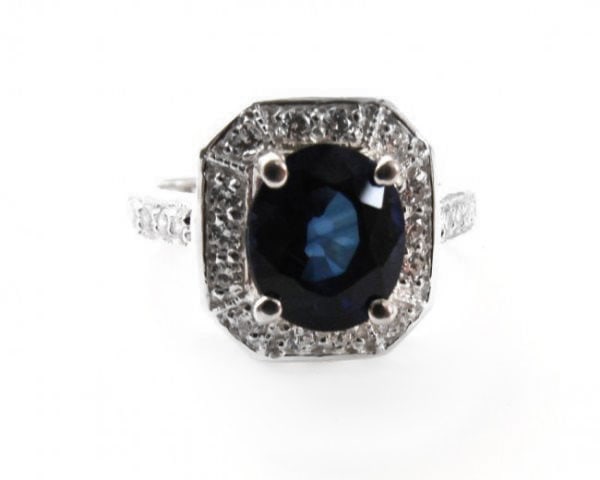 Natural Blue Sapphire Ring 14k white gold: Gem: Natural Blue Sapphire & Diamond Quantity: 1 Item: Ring Ring face diameter: 13.80x12.50mm Diamond: 22 Pieces .66 carat round shape brilliant (Clarity: SI-2, Color: H) Center Sapphire: 3.23 carat b