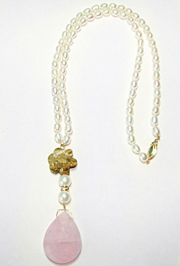 Rose Quartz /Agate/ Pearl Necklace with Y/G Clas (1 of 2)