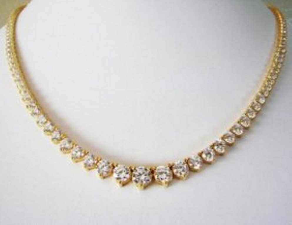 Necklace Diamond Creation 20.00Ct 18k Y/g Overlay: Graduation Necklace Creation Diamonds High Quality 133 Pieces Weight: 20.00 Carat Round Brilliant Clarity: VVS, Color: F Thickness:3.5 mm 18k Yellow Gold Overlay 925 Silver Weight: 17.68 grams-Come Wi