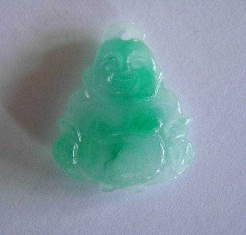Natural Jade Buddha Figurine Pendants: Gems: Natural Jade Design Faces Both Side Grade: A, Item Type: Pendant Necklace Origin: Beijing China (Mainland) Color: Green and White Weight:3 grams Size: H 25 x W 20 mm Thickness:4.5 mm Laughing