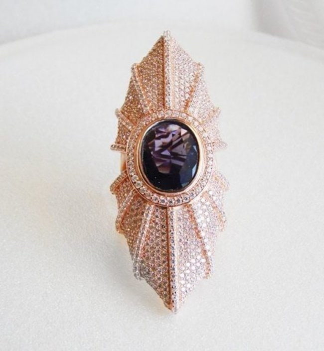 Creation Diamond/Amethyst 15.95Ct 18K R/g Overlay: Creation Diamond/Amethyst Ring High Quality Creation Diamond: 7.15 Carat Round Brilliant Clarity: VVS, Color: F Amethyst: 8.80 Carat Oval Facet Clarity: VS1 Color: Violet Setting: Micro Pave Metal: