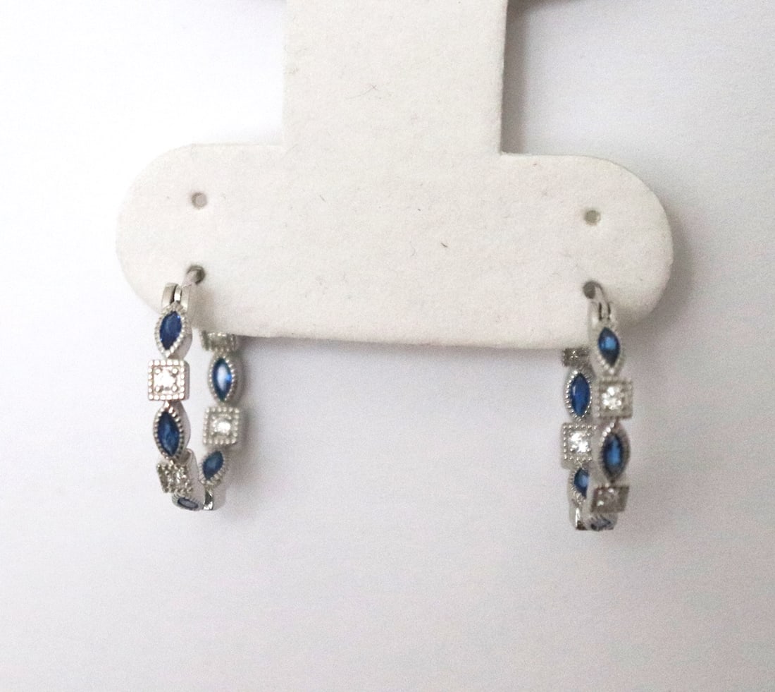 Creation Diamond Sapphire Earrings 1.70Ct 18k W/g Overlay: Creation Diamond Sapphire Hoop Earrings and High Quality Item: Hoop Earrings 10 Pieces Weight: .90 carat round Brilliant (Clarity: VVS, Color: F) 10 Pieces Marquise Weight: .80 Carat Clarity: VS,Clolo