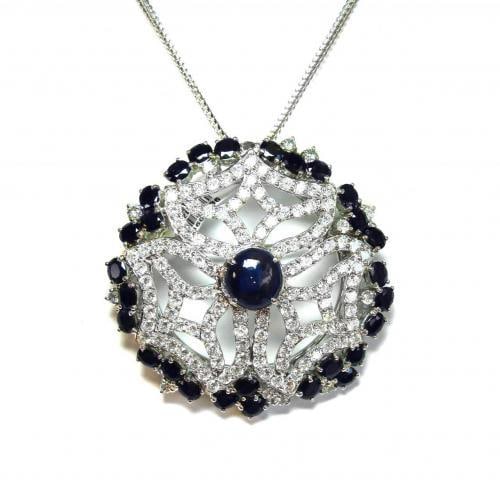 Natural Blue Sapphire13.24CT/ Creation Dia: 15.CT 18k: Gem type: Natural Blue Sapphire and Creation Diamonds Item: Pendant or Brooch Blue Sharpie: 30 Pieces Weight: 13.24 Carat Shape: Oval Facet/Cabochon (Clarity: SI, Color: Midnight Blue /Treatment: Heat