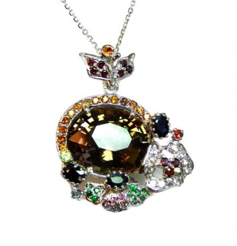 Natural Gems Multicolor Pendant 23.35Ct 18k W/g: Gems Type: Natural Sapphire/Smoky Topaz High Quality Item Hand made by Handicraft Item: Pendant/Brooch Pin Gem center: 20.15 carat (20x17mm Clarity: VVS, Color: Brown, Treatment: none Origin: Brazil C