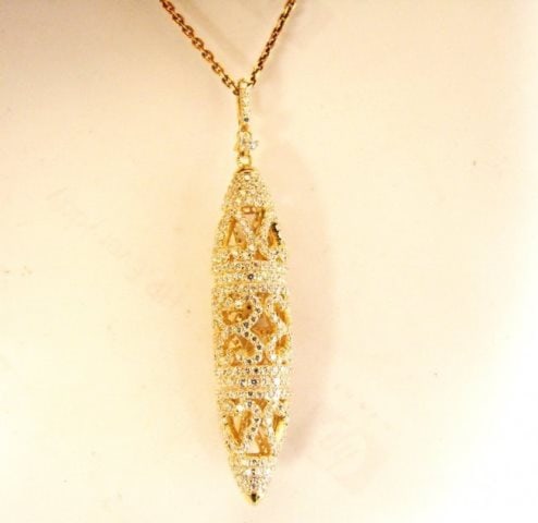 Creation Diamond Pendant Drop 3.20Ct 18k Y/G Overlay: Weight: 3.20 carat Round brilliant Clarity: VVS, Color: F L2" x W1/2" Setting: Micro Pave 18k yellow gold overlay 925 silver Weight: 7.34 grams Polished: Excellent Come With Chain 16" Gender: W