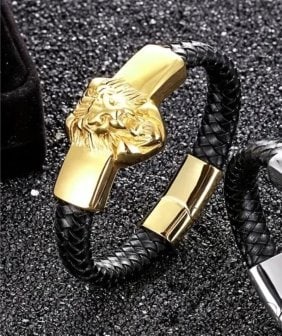 Classic Punk Animal Lion Head Faux Leather Braided Bracelet: Item: Men Bracelet Size: 8-9 Metal: 18K Gold Planted Overlay Brass Color: Black/Gold Leather Braided, Width: 10mm Condition: New Stylish Design: The Classic Punk Animal Lion Head Faux Leather Braided 