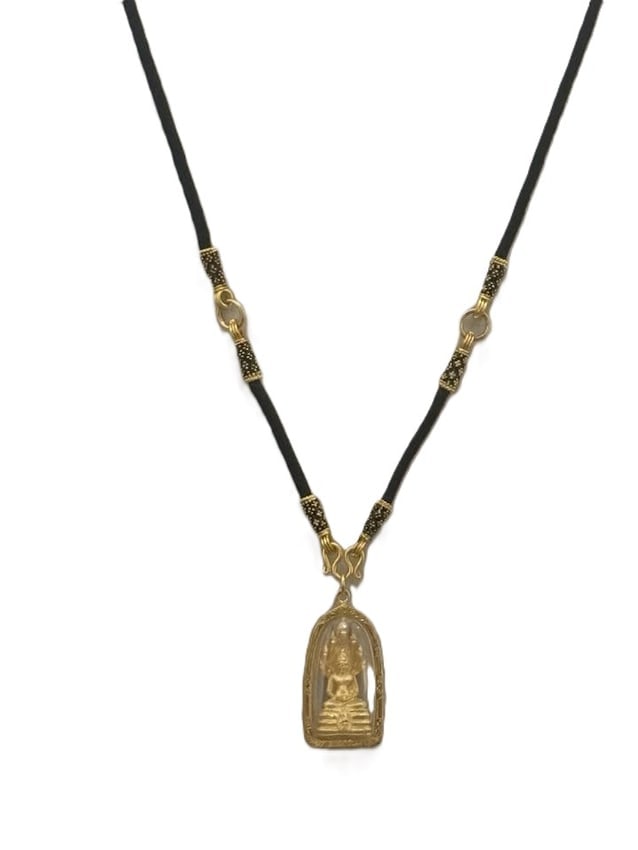 Buddha Brass Necklace Black Rope 30 Inches 24k gold Overlay: Material: Brass Finish: 24k Gold Overlay Necklace Length: 30 Inches Rope Color: Black Buddha amulet design Lightweight and comfortable Pendant: Cover with Class for back and front, Size: 1 inch x 2.5 