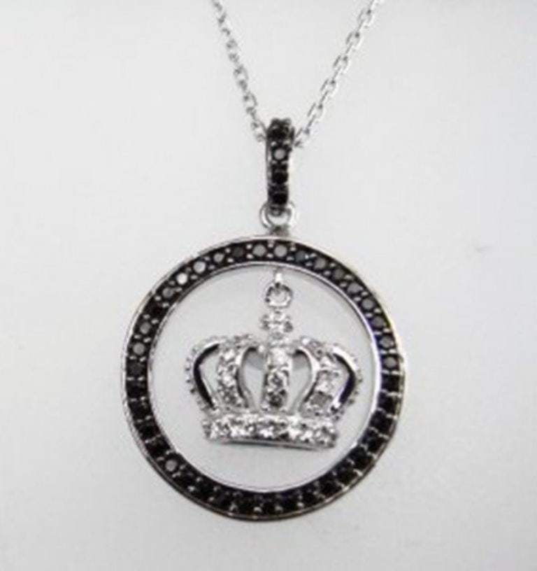 Creation Diamond W/B 2.16 CT Necklace 18k Y/G Overlay: Gem: Creation White/Black Diamond Qty: 1 Item: Necklace Length: 18." Pendant size: L: 1.25x W: ¾ Stone weight: 2.35 carat round (Clarity: F/Opaque, Color: G, Black) Metal: 18k white gold
