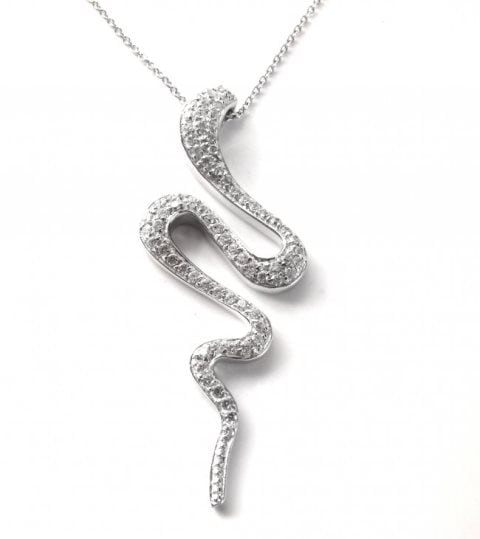 Snake Pendant 2.00 CT 18k W/g overlay 925: Diamond Creation Snake Pendant High Quality Quantity: 1 Stone: Approx 2.00 Carat round brilliant Clarity: VS1, Color: F Chain: 17"inch Size of pendant: Length: 2.5"x Width 1" Color: White Metal Weight