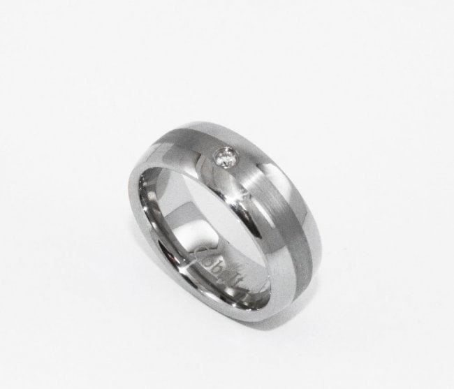 Man's Cobalt Eternity Band with White Diamond: Item: Eternity Band Domed High Polished Finish, Brushed Striped Center One Natural White Diamond 2.1mm to 2.3mm approx. on the center Setting: Bezel-Set Width: 8mm, Size: 9, Item: New