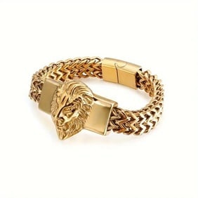 Man?s Lion Head Bracelet Titanium 14k Y/G Overlay: Metal: Man Bracelet Titanium Color: 14k Yellow Gold Plate Overlay Lock: Pull/push Length: 8 inches Width: 11.8 mm Weight: 87.10 grams Lion Head: Size 3.niches x 2 inches Style: Style Braided Chain Wri