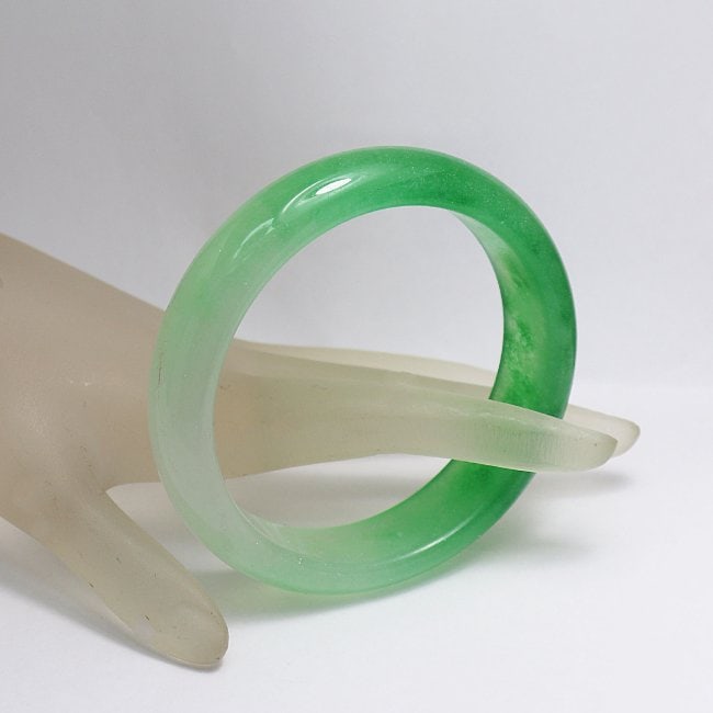 Translucent Solid Green/Creamy Chinese Jade Bangle Size7 - 4