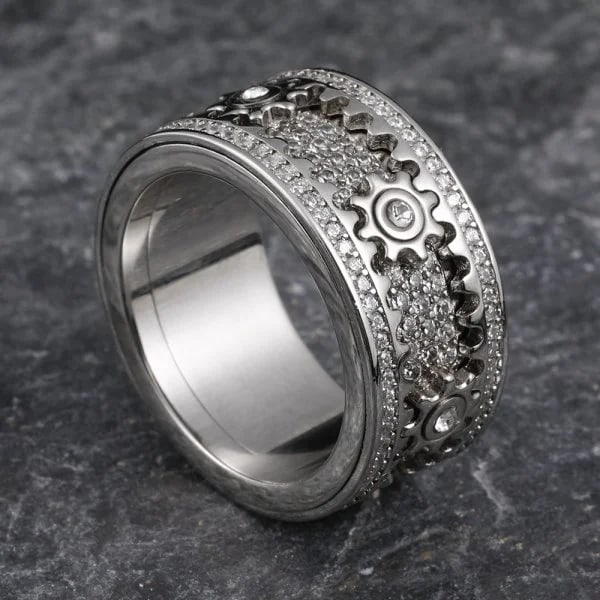Creation, Diamond Gear Eternity Ring 1.15 Carat W/G Overlay 925: Gem: Creation, Diamond Stone: 1.15 carat white brilliant round shaped Clarity: VVS1 Color: F Metal: 14k White gold overlay of 925, 11.63 grams Size: 7 Width: 11 mm Thickness: 2mm Style: Gear Rin
