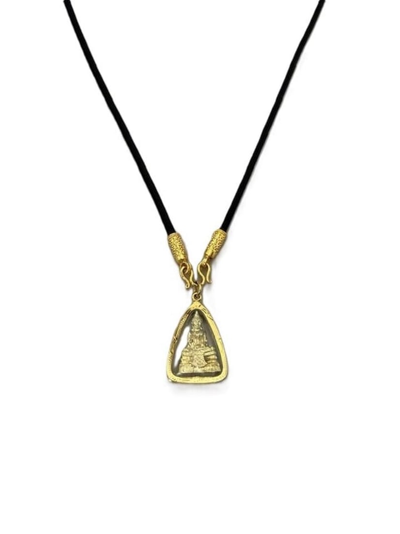 Buddha Brass Necklace Black Rope 30 Inches 24k gold Overlay: Material: Brass Finish: 24k Gold Overlay Necklace Length: 30 Inches Rope Color: Black Buddha amulet design Lightweight and comfortable Pendant: Cover with Class for back and front, Size: 1 inch x 1.5 