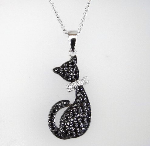 Creation Diamond W/B 1.62 CT Necklace 18k Y/G Overlay: Gem: Creation White/Black Diamond Qty: 1 Item: Necklace Length: 18." Pendant size: L 30Xw12mm Stone weight: 1.62 carat round (Clarity: F/Opaque, Color: G, Black) Metal: 18k white gold overlay 925 silv