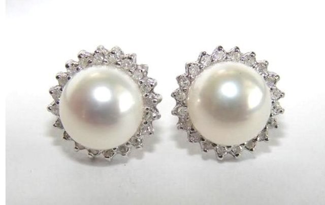 Akoya Pearl Earrings 8 mm & Diamond .18 Carat 14k W/g (1 of 3)