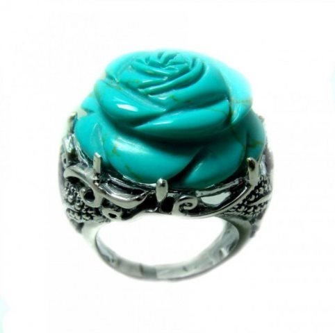 Turquoise Carved Rose Design 925 Silver Rings (1 of 3)
