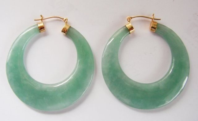 Natural Green Jadeite Jade Hoop Earring 14k Y/g (1 of 2)