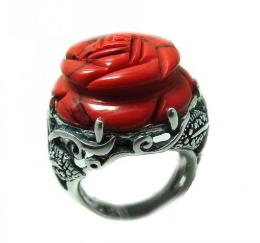 Vintage Red Coral Carved Rose Design 925 Silver (1 of 4)