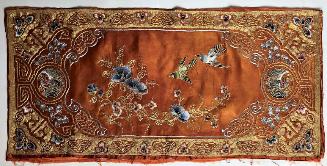 A Chinese Embroidered Orange Red Silk Panel with (1 of 8)