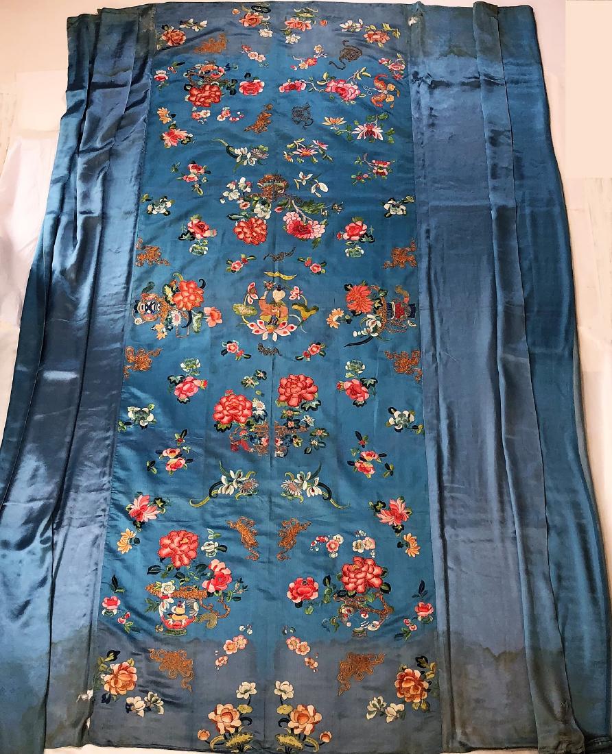 A Large Chinese Embroidered Sky Blue Silk Table Cover