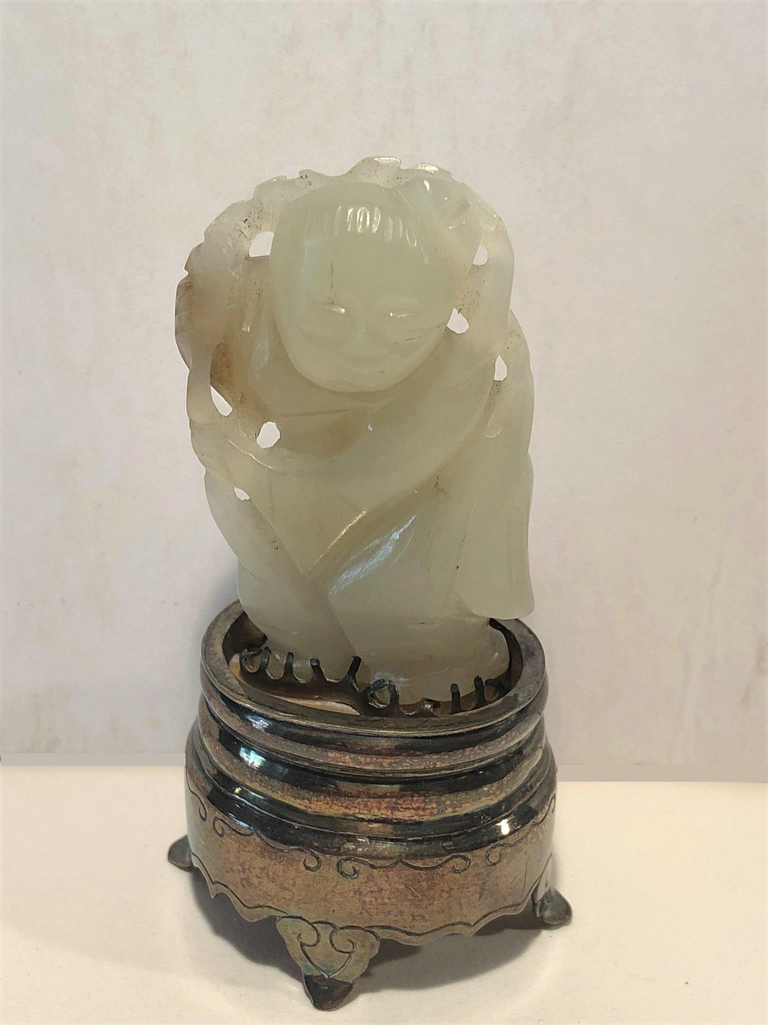 Chinese Carved Pale Celadon Jade Boy on Silver Stand (1 of 7)