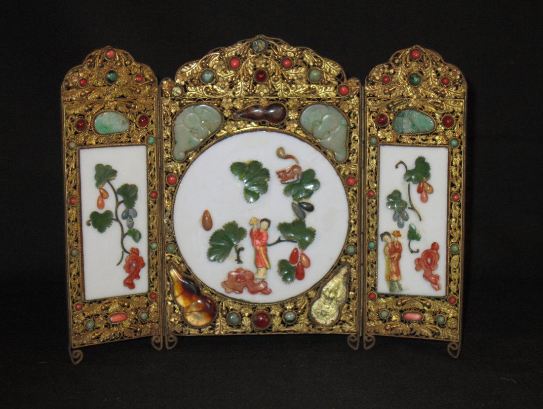 Chinese Table Screen with Ivory, Jade, Coral, Agate
