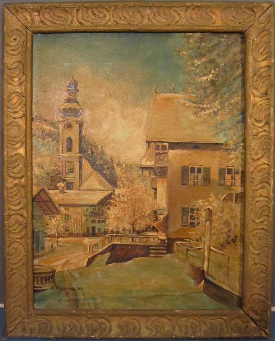 After Ed Ruscha, Oil on Canvas: Depicting village scene, signed lower left, dated 43, framed, 20 in. x 16 in.