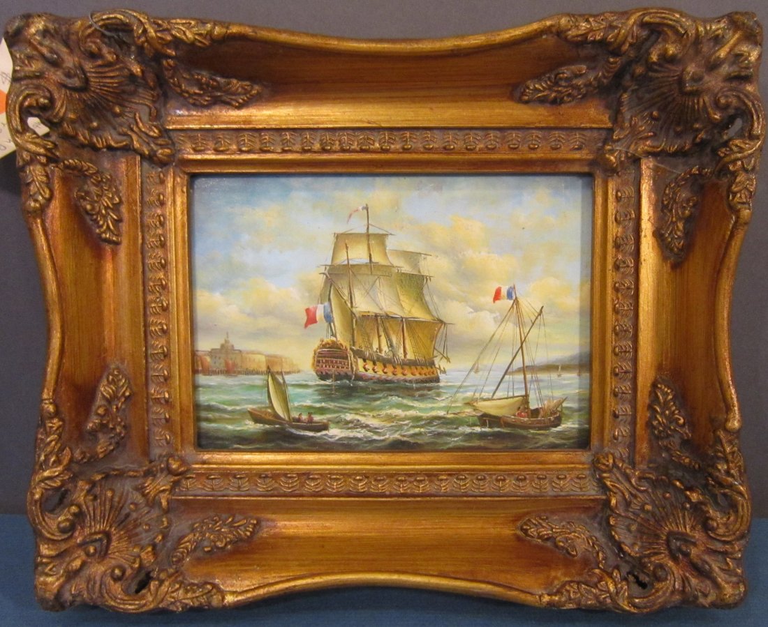 British School, A Small Oil On Wood - Boats On Sea: painted in old master style, 20th Century, unsigned, framed, image 7 in. x 5 in., frame 11 in. x 9 in.