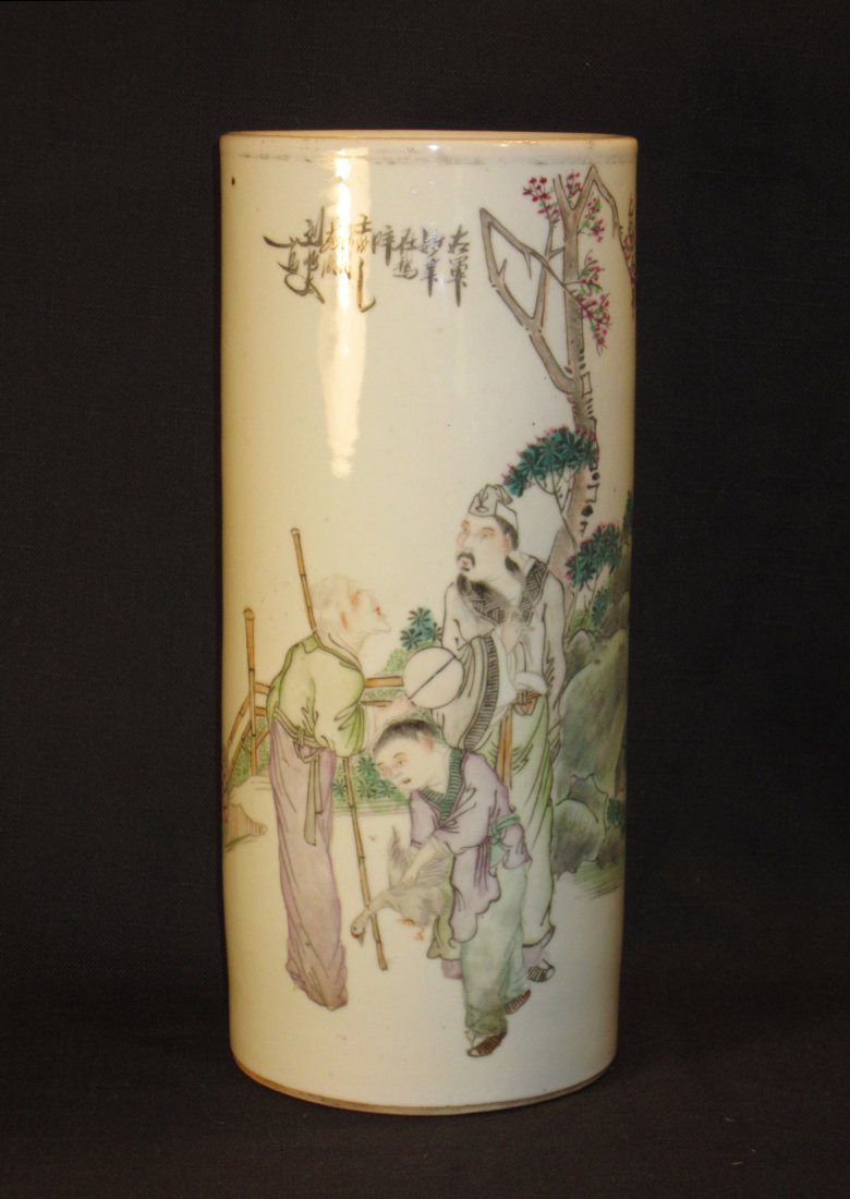 A Fine Chinese Light Famille Rose Enameled Cylinder: Circa early 20th Century, enameled with figures in landscape, inscribed and signed by listed Jing De Zheng artist Liu Shuntai (刘顺太), good condition; 11 in. (28 cm) high 民&#