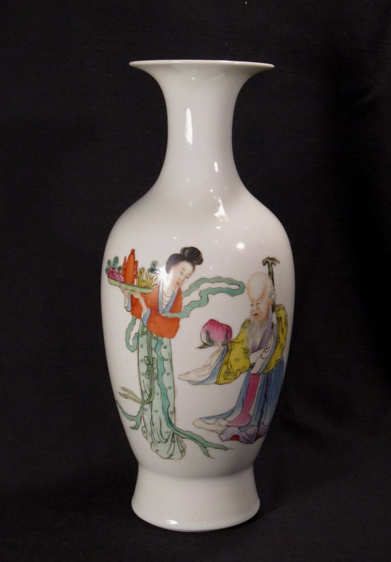 A Fine Chinese Famille Rose Enameled Porcelain Vase: early 20th Century, Qianlong mark at base, depicting an old Chinese story Ma Gu Xian Shou, good condition; 11 in. (28 cm) high 民国粉彩麻姑献寿瓶