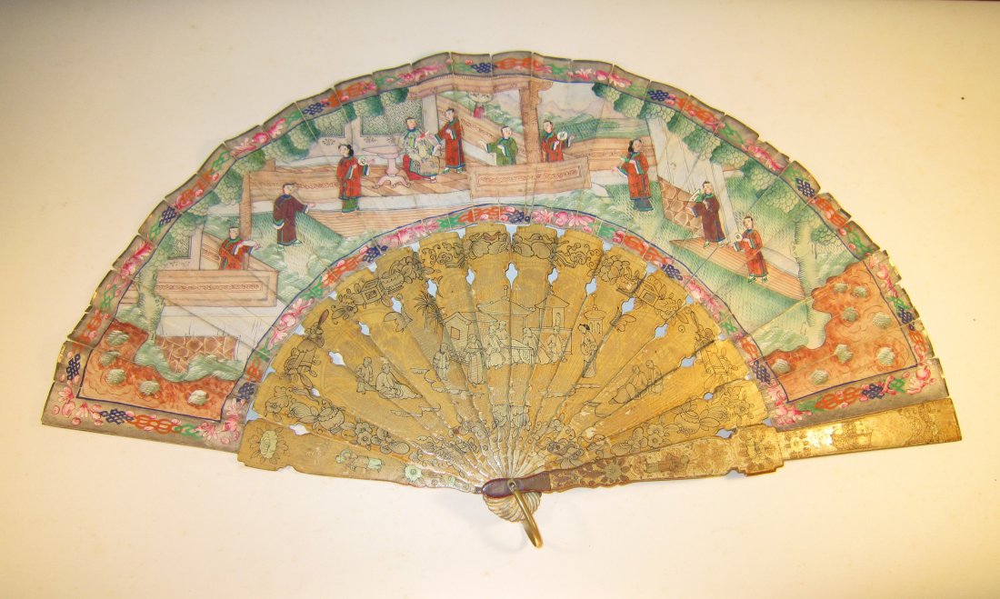 Chinese Hand Painted Folding Fan with Ivory Slats: 19th century, Qing dynasty export, watercolor paintings on both sides of paper, gilt ivory slats also painted with figural scenes, protected in a shadow box; fan open-up 21 in. (53 cm) wide, sticks 11