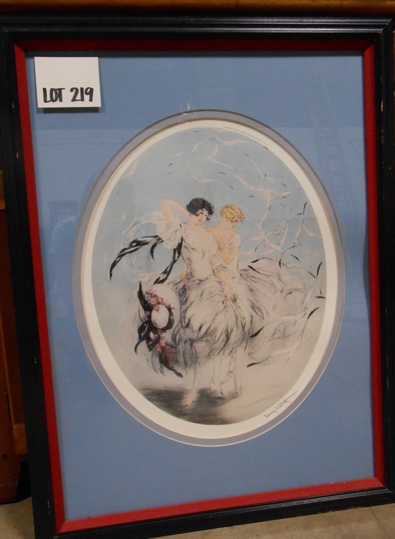 LOUIS ICART PRINT c. 1926: Louis Icart limited edition framed print. Copyright 1926 by Les Grave Modernes 1964. Framed 25-1/2" x 33". Matted 17" x 21".